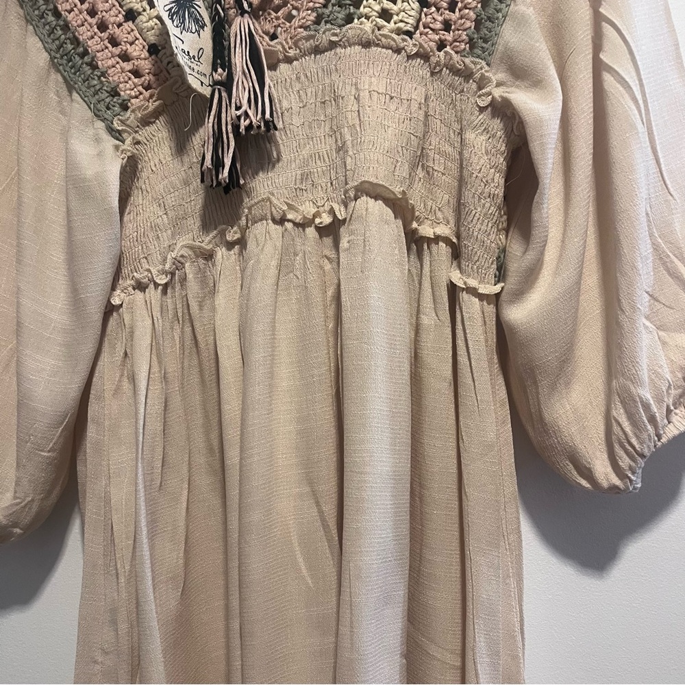 Easel Los Angeles Boho Crochet Babydoll Top Cottagecore Neutral Blouse - Picture 2 of 10